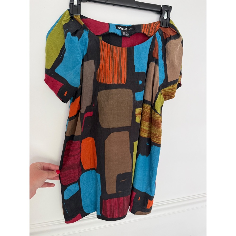 Kensie Silk Blend Abstract Geometric‎ Print Short Sleeve Blouse Top Multicolor M